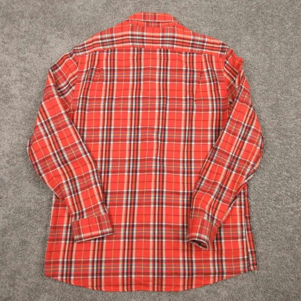 LL Bean Shirt Mens Large Orange Plaid Twill Flannel Organic Workwear Button Up